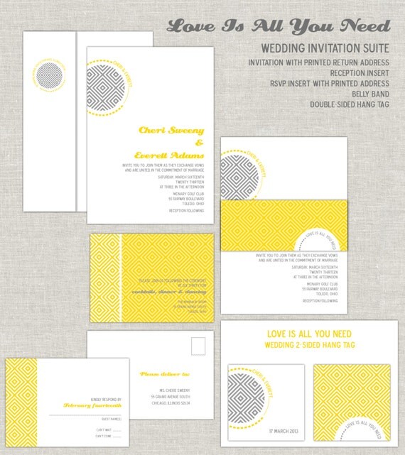 Geometrical Wedding Invitations, Modern Yellow Wedding Invites, Gray Wedding Invitation, Bright, Belly Band, Contemporary, Bold Il_570xn