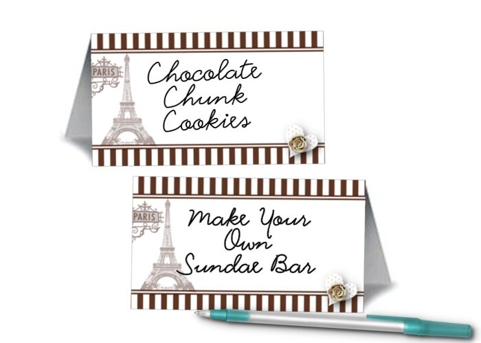 12 Blank Table Tent Place Cards, French, Eiffel Tower, Wedding, Bridal Shower, Baby Shower, Birthday, Brown Stripes Il_570xn