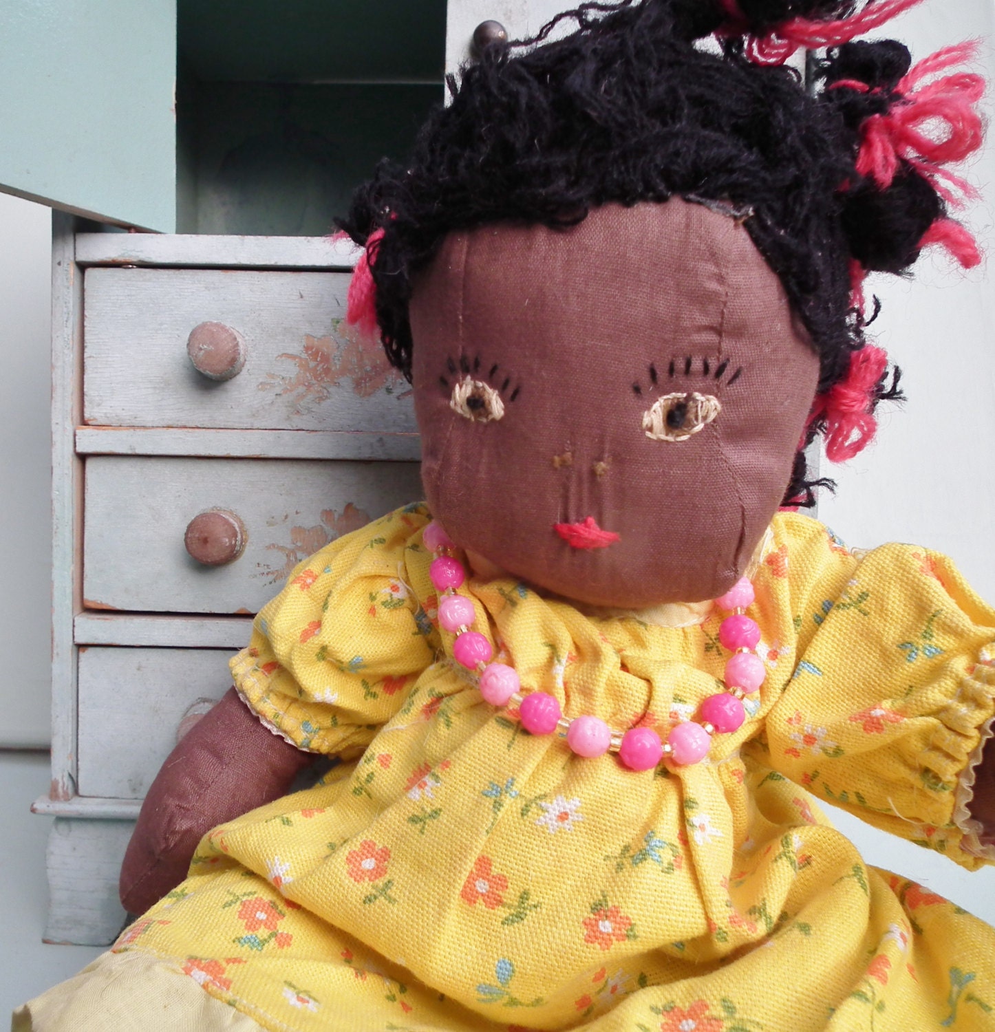 Vintage Black Doll 1950s Handmade Cloth Rag Doll 14 By Rummageromy