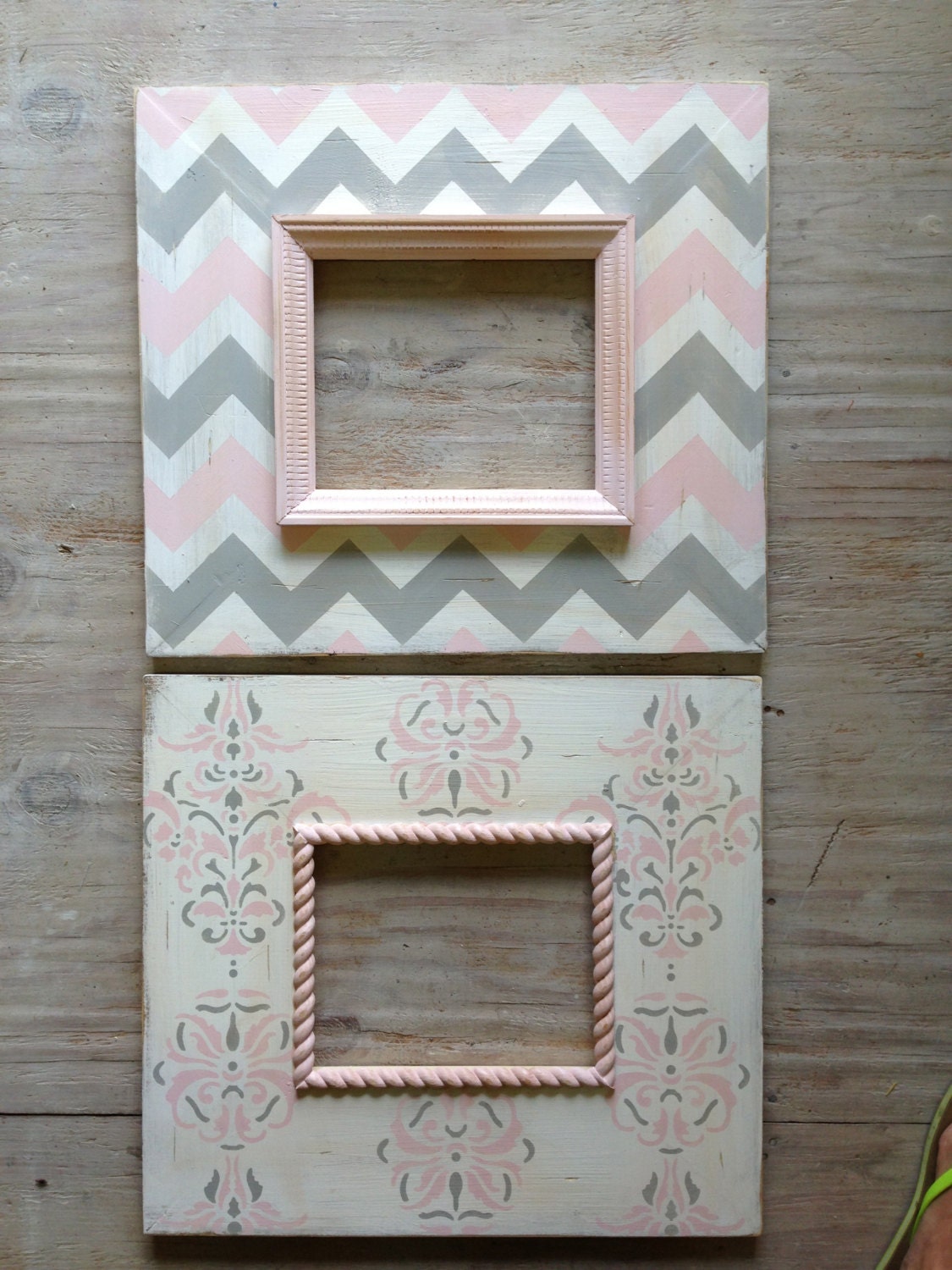 Set of 2-8x10 Distressed Wood Picture Frames Pink and Gray Nursery Chevron and French Damask - deltagirlframes