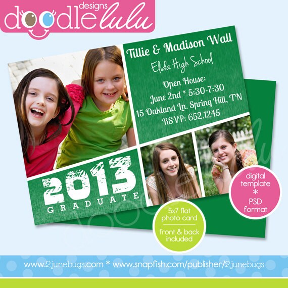 INSTANT DOWNLOAD Printable Graduation 2013 5x7 / Green & White / Digital Photo Card Template (Photoshop) PSD from Doodlelulu by 2 june bugs Il_570xn