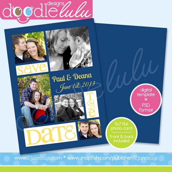 Printable Save The Date 2013 5x7 / Blue Yellow / Color Options / Digital Photo Card Template (Photoshop) PSD from DOODLELULU by 2 june bugs Il_570xn