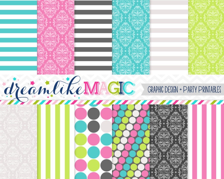 Prim and Posh Damask, Dots and Stripes Digital Paper Pack for Personal or Commercial Use Il_570xn