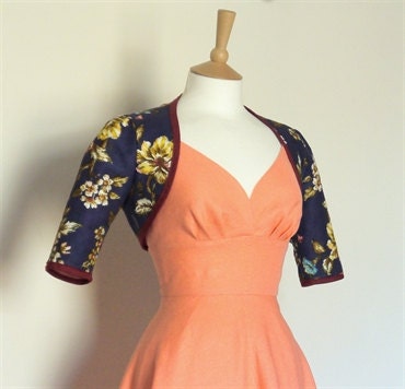 Dark Blue Wild Rose Print Bolero Jacket - Made by Dig For Victory - FREE SHIPPING worldwide