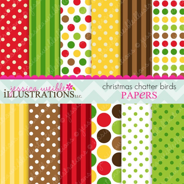 Christmas Chatter Birds Cute Digital Papers Backgrounds for Invitations, Card Design, Scrapbooking, and Web Design Il_570xn