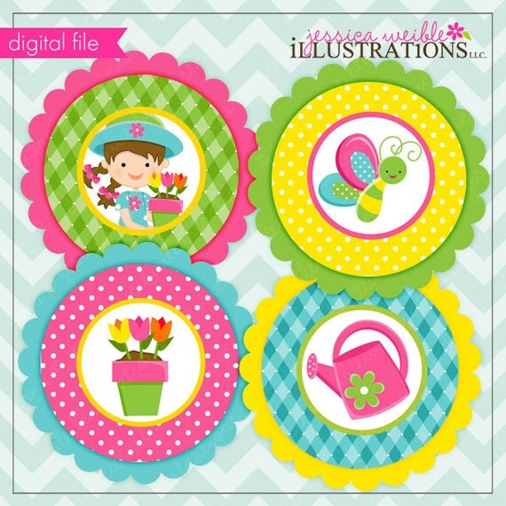 Gardening Girls Theme - Printable Party Tags - Circles -Cupcake Toppers Il_570xn