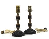 Vintage Black Glass Lamp Pair, Table Lamps, Art Deco