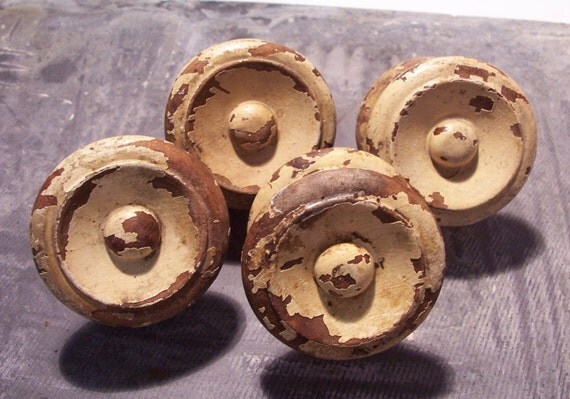 VINTAGE Antique Wooden Drawer Knobs Four 4 Large WOOD by punksrus