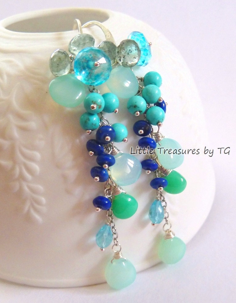 Peacock blue tassel earrings Moss Aquamarine, Turquoise, Lapis, Apatite, teal Quart, aqua Chalcedony Silver earrings. Lagoon blue.
