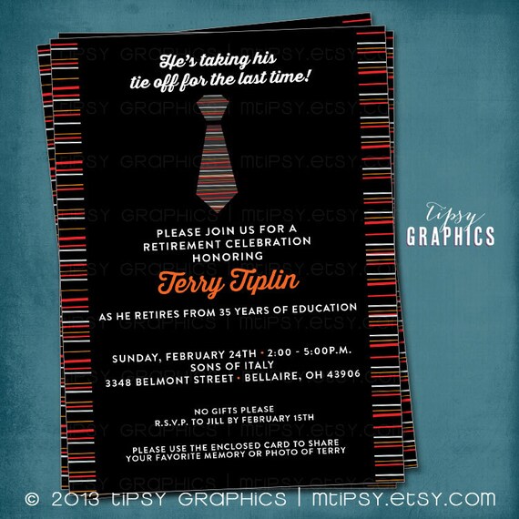 Taking off his Tie. Masculine Stripes Retirement Invitation or Birthday Party Invite by Tipsy Graphics. Any colors Il_570xn