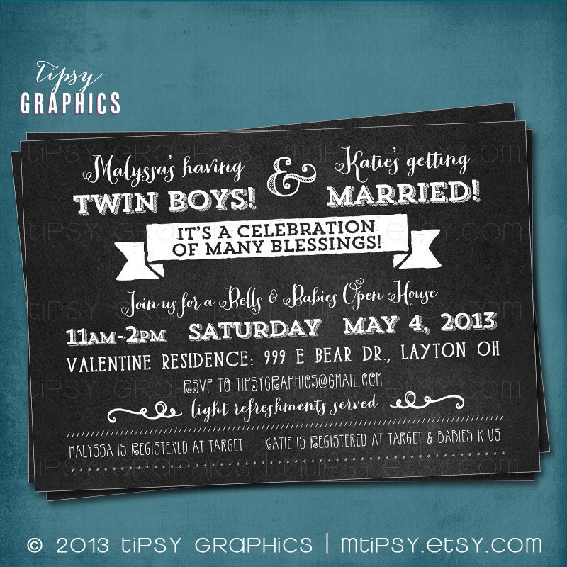 Many Blessings. Chalkboard. Babies & Bells. Joint Party or Shower Party Invite. Custom Typography by Tipsy Graphics Il_570xn
