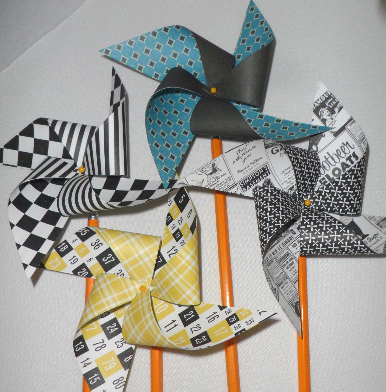 Pinwheels in Mod Vintage Designs Set of 8 Pinwheels Perfect for a Birthday Party or a Baby Shower or a Bat Mitzvah or Wedding Il_570xn