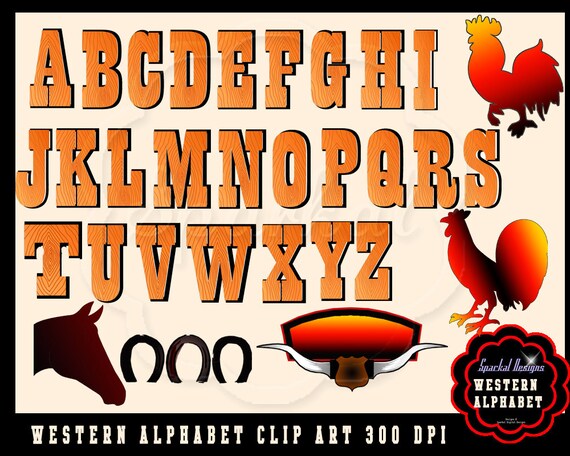 Alphabet Western ClipArt Cowboy Clipart Wood Grain Horse Clipart Horseshoe Rooster Clipart Cattle horn Cowboy Clip art Digital Scrapbooking Il_570xn