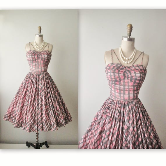 50s Summer Dress // Vintage 1950's Abstract Pink Cotton Garden Party Summer Dress XS