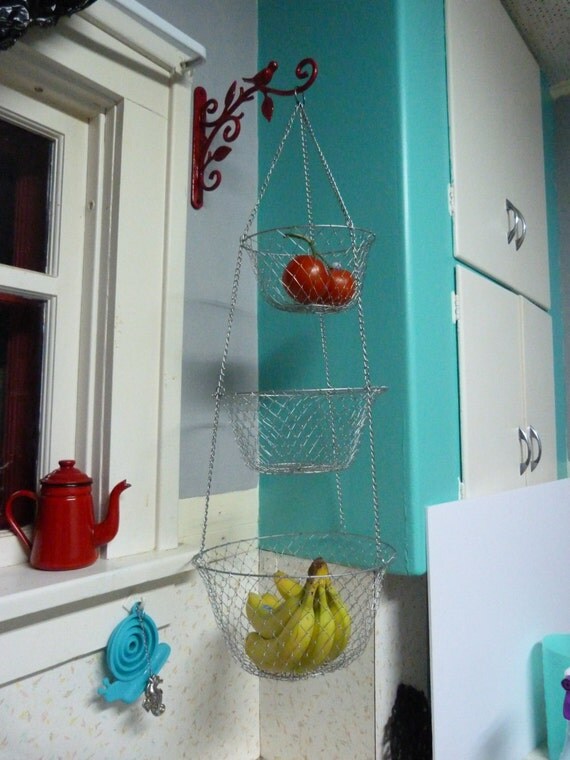 Items similar to Vintage Bright Red 3 Tier Wire Hanging Kitchen Basket