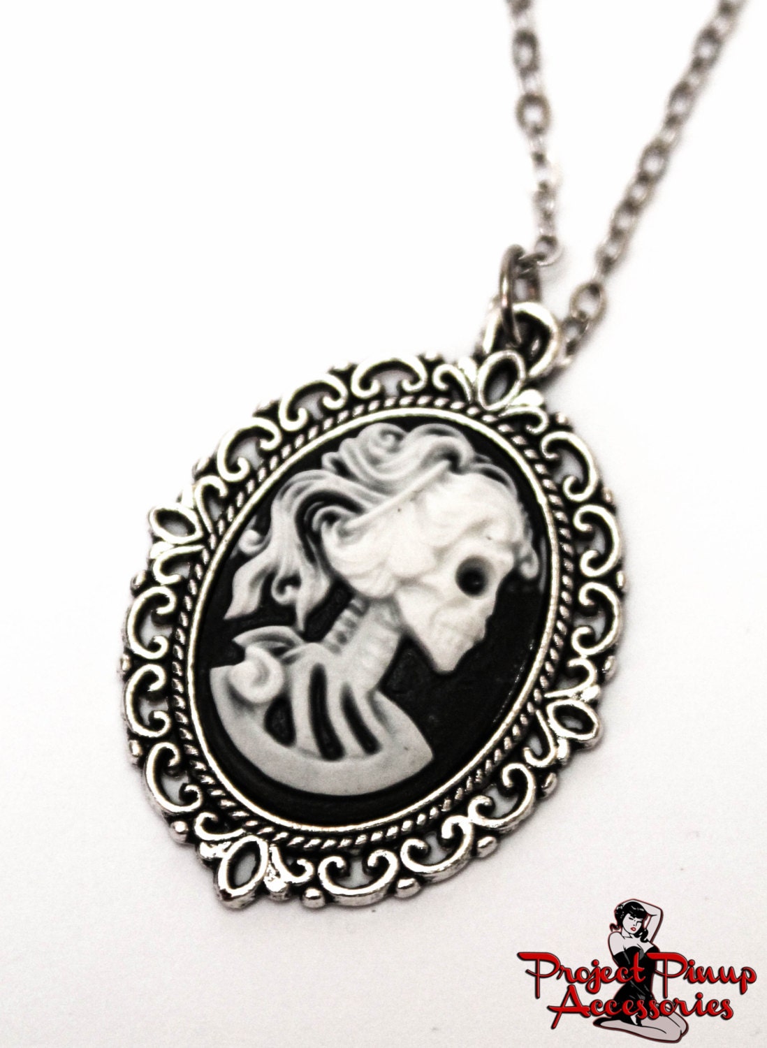 Miss Eleanor Black and White Skeleton Cameo Necklace