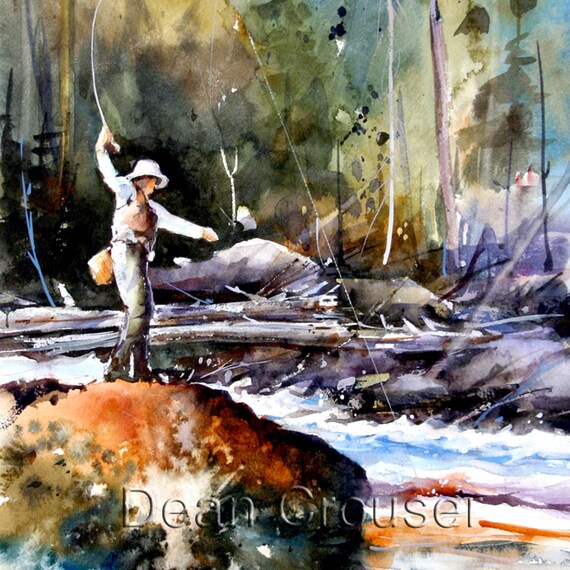 FLY FISHING Watercolor Print by Dean Crouser by DeanCrouserArt