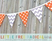 Orange Dot and Grey Chevron Fabric Pennant Bunting Banner - great for birthday party decor, nursery, playroom, photo prop - LittleFreeRadical Orange Dot and Grey Chevron Fabric Pennant Bunting Banner - great for birthday party decor, nursery, playroom, photo prop - LittleFreeRadical