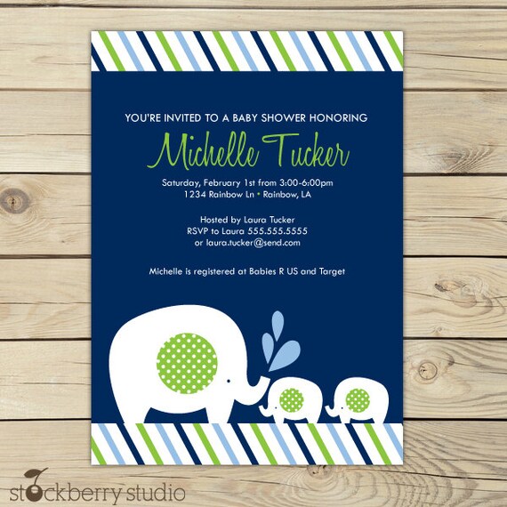 Twin Elephants Baby Shower Printable Invitation Navy and Green Il_570xn