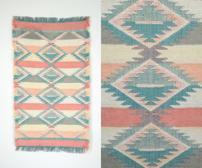 summery SOUTHWESTERN striped PASTEL fringed ethnic DOORMAT rug, 22" x 40" - discoleafvintage