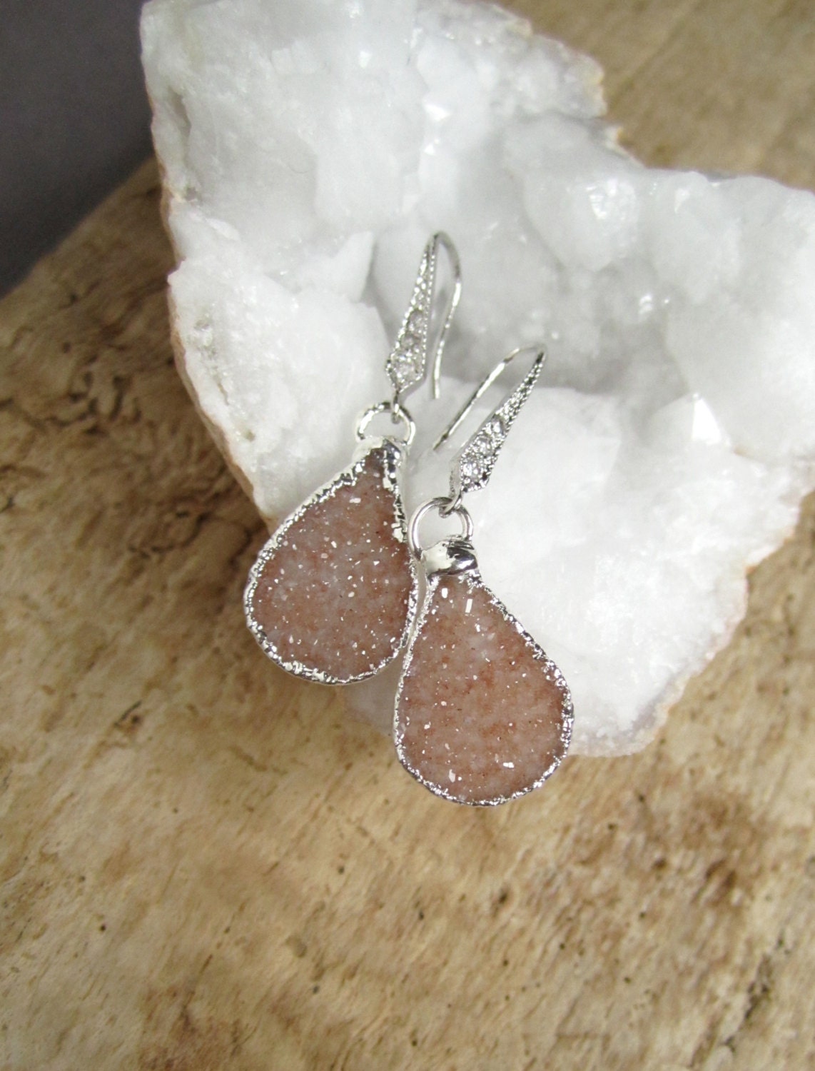 Agate Druzy Earrings Drusy Quartz Sterling Silver Drops CZ