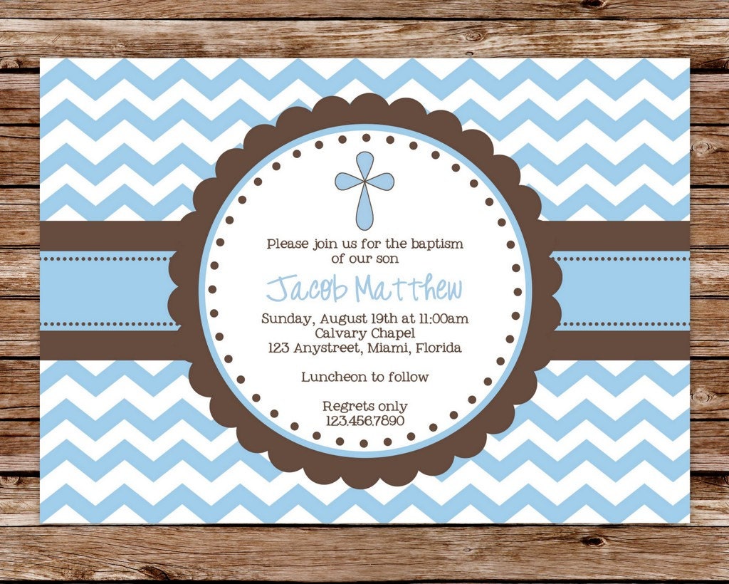 Printable Blue and Brown Chevron Baby Boy Dedication, Christening, or Baptism Invitation