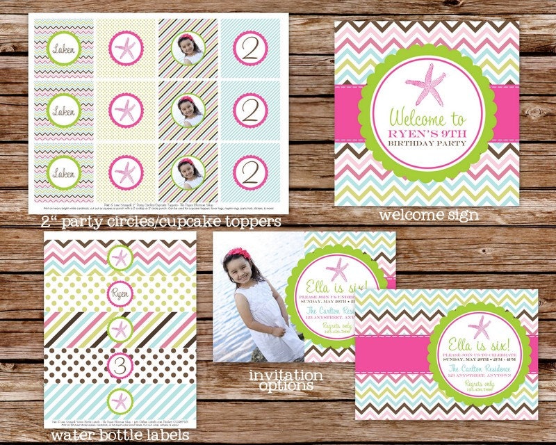 Printable Pink and Lime Green Chevron Starfish Under the Sea Birthday Party Package Il_570xn