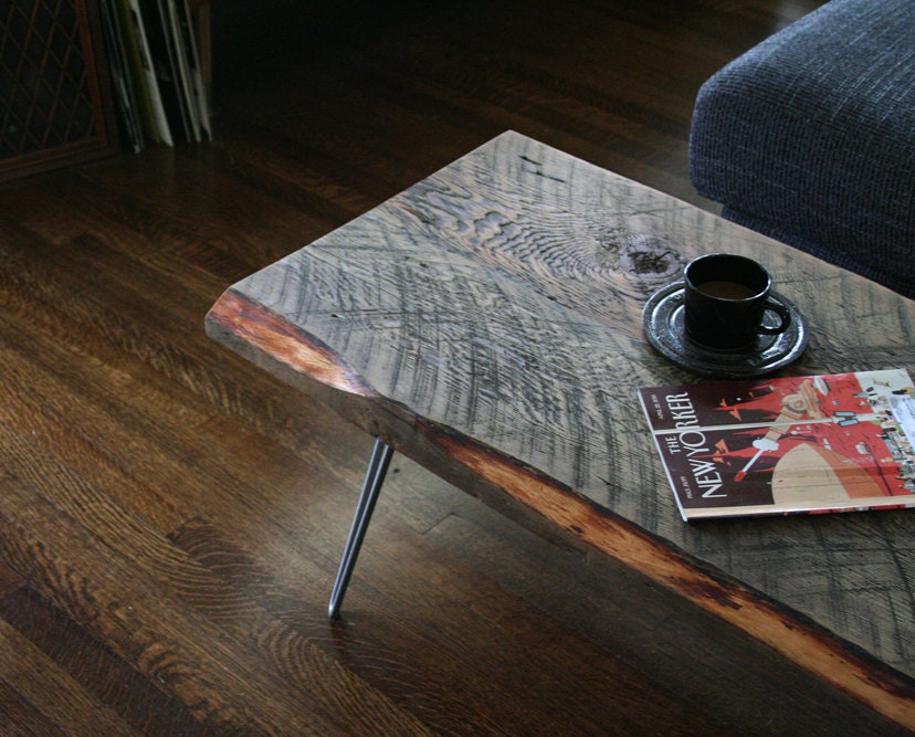 industrial ruffcut coffee table from reclaimed old growth fir and steel hairpin legs - birdloft