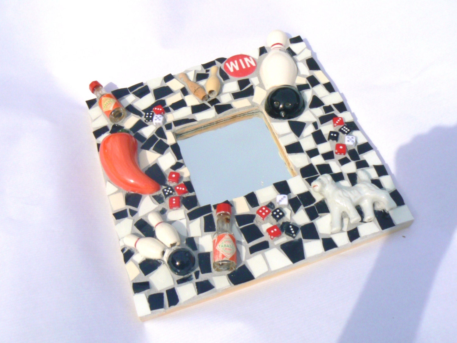 Black, White and Red  Mosaic Mirror- Pique Assiette Mosaic Mirror Father's Day - PamelasPieces