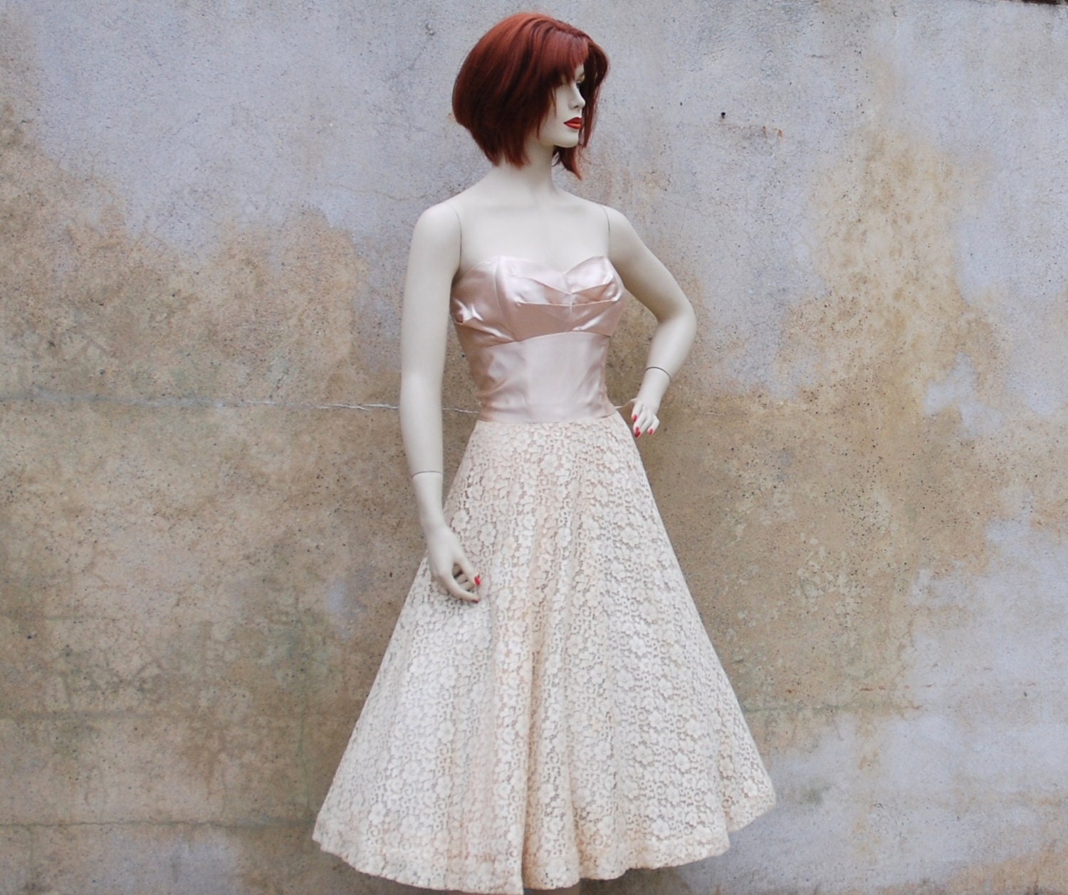Reserved for Lisa 1950s wedding dress - champagne satin and ivory lace wedding/prom/party dress medium