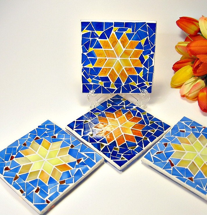 Stained glass mosaic 4 coaster set by threesisterscandles on Etsy