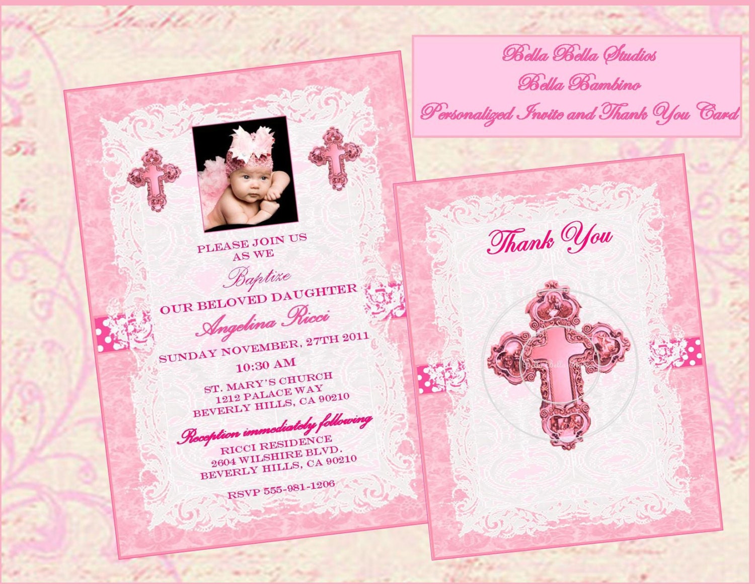 Bella Bambino - Printable Pink Personalized INVITE and THANK YOU Card - Birth Announcement Baptism Christening - Bella Bella Studios Il_570xn