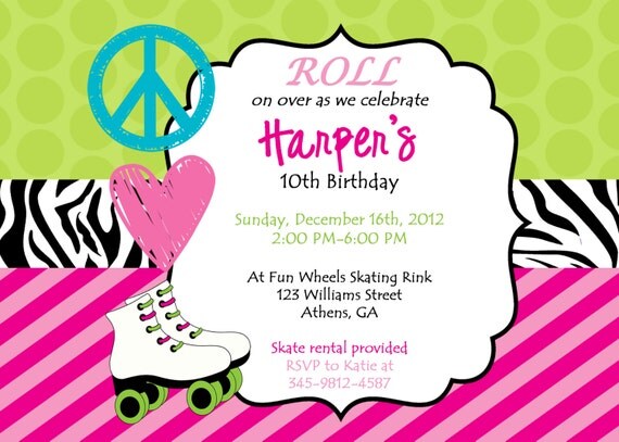 Printable Roller Skating Party Invitation. Peace, Love & Skate Printable Party Invitation. Il_570xn