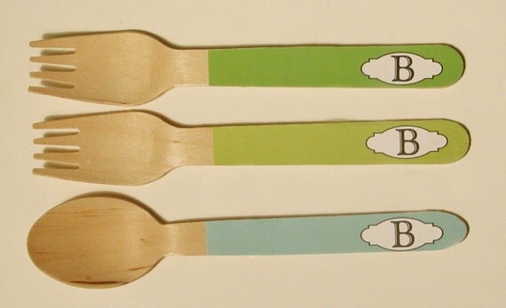 Monogram Wooden Forks or Spoons - Set of 20 - Choose Your Color Il_570xn