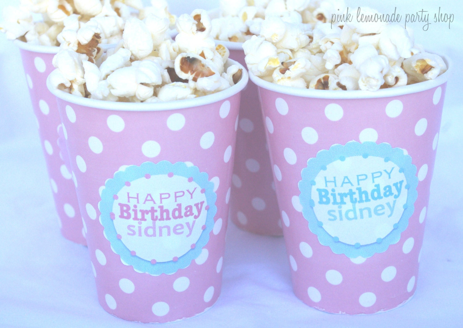 PoPCoRN CuPS-Pink with White Dots-with custom made label option-Birthday parties-weddings-showers--10ct