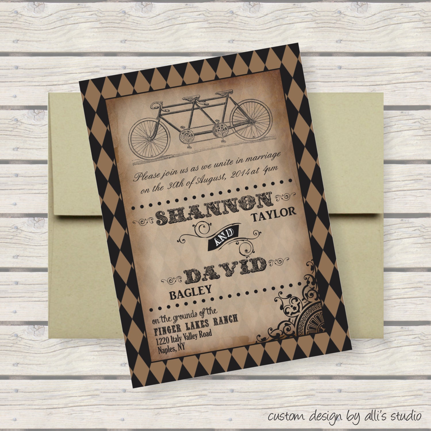 Steampunk Tandem Bicycle Wedding Invitation Suite: 5x7 Invitation, RSVP Card, Envelopes - AllisStudio