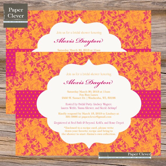 Bridal shower invitation, tangerine & hot pink - printable, digital file #218 Il_570xn