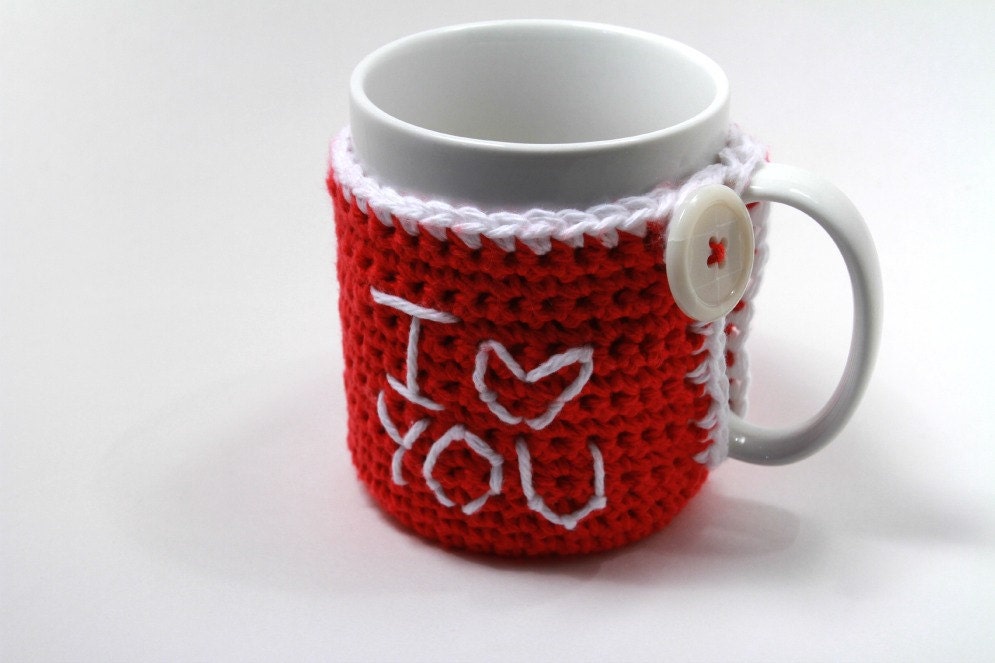 Red and White "I Love You" Crocheted Mug Cozy with Recycled Plastic Button - Valentines Day Gift - TrendyEarth