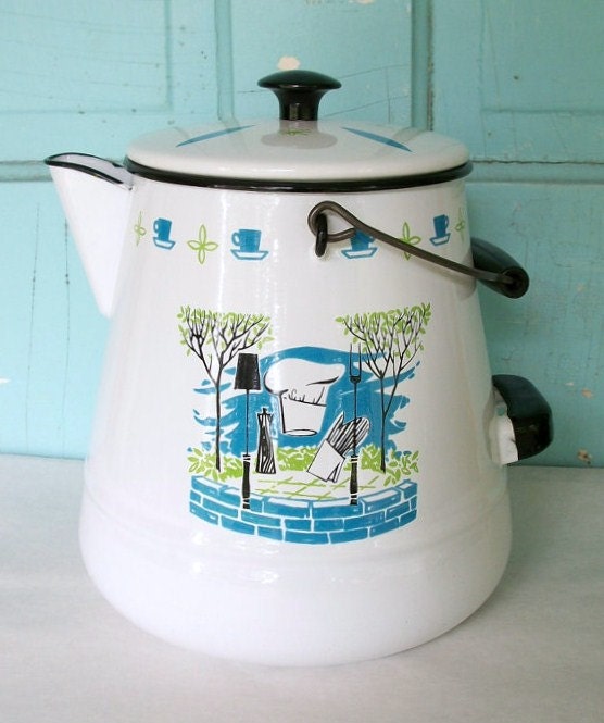 Vintage Enamel Coffee Pot or Drink Pitcher with Barbeque Theme Mid Century Modern Design Large Beverage Container