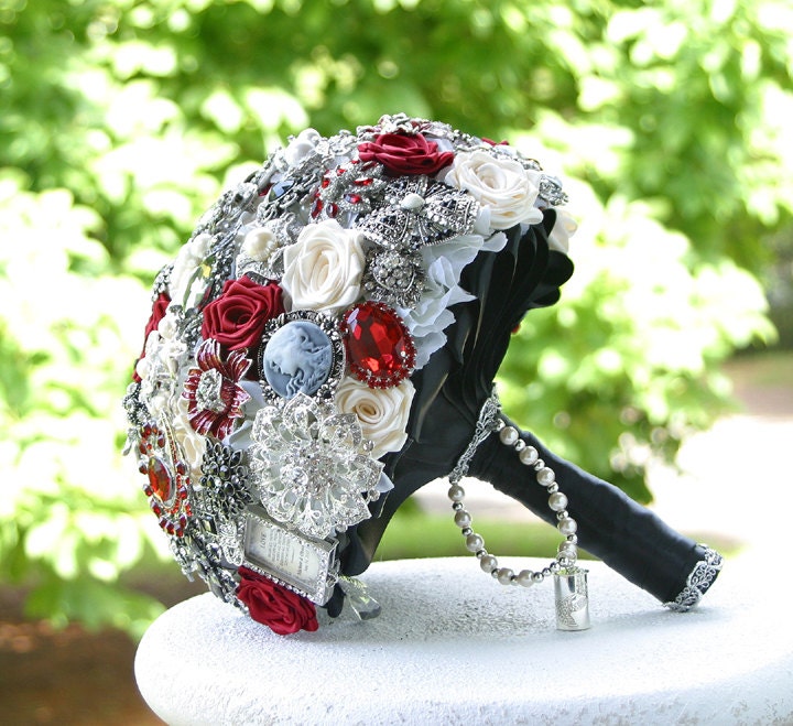 Red, Black and White Wedding Brooch Bouquet. DEPOSIT on made to order Heirloom Bridal Broach Bouquet.