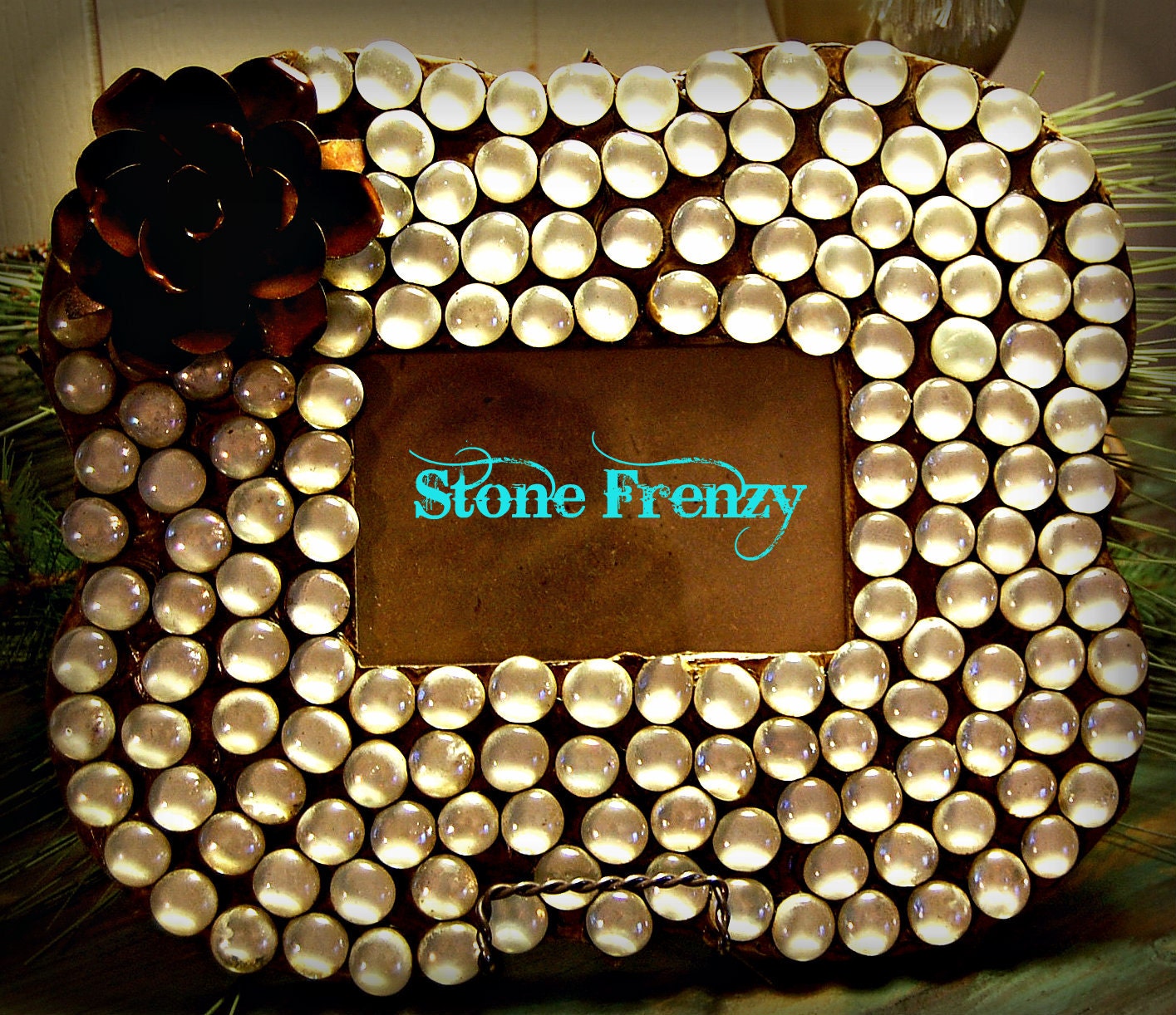 Items similar to Clear White Stone Picture Frame with Rustic Flower 4x6