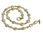Green freshwater pearl coins, Swarovski crystals combine in a pretty necklace for Spring - CharmedBaublesNBeads