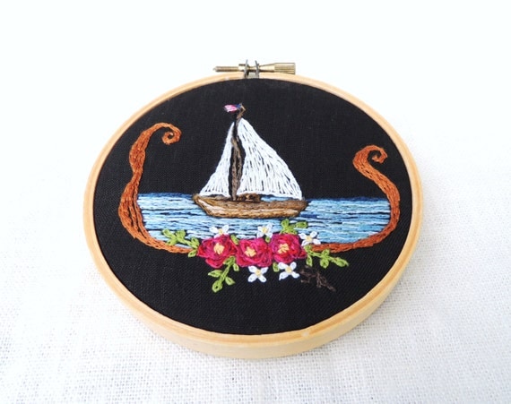 Miniature embroidery shelf art piece nautical by bannerandsail