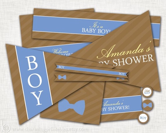 Bow Tie Baby Shower Package - PRINTABLE Baby Shower Set (Labels, Tags, Wrappers, Pennants, Flags) - Blue Brown - Bow Tie Collection Il_570xn