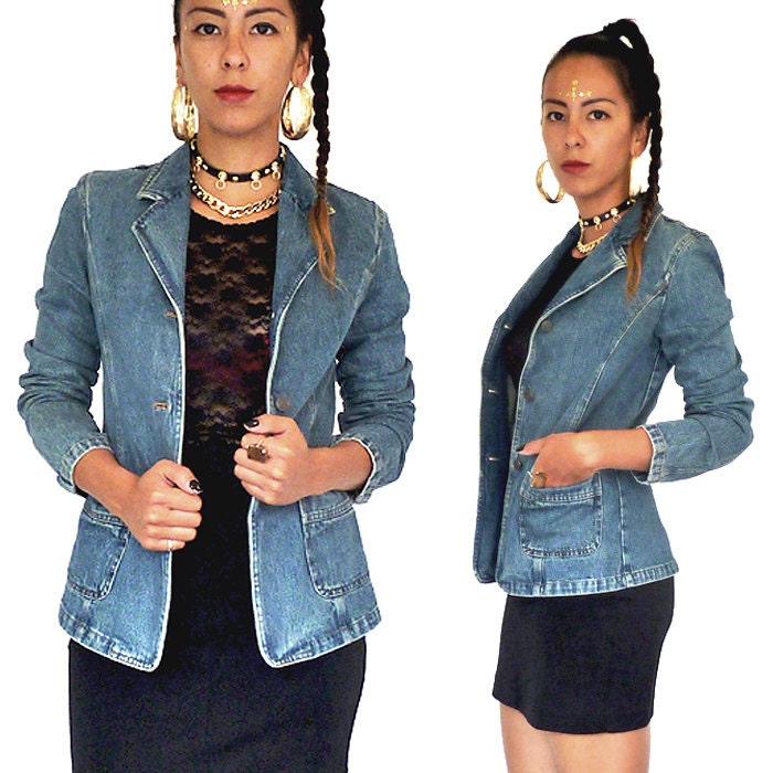 HOLA VINTAGE 90s Hipster Denim Blazer Jacket - Stone Wash Blue Denim Coat - Slim Fit Denim Jacket - Denim Coat - Size Small