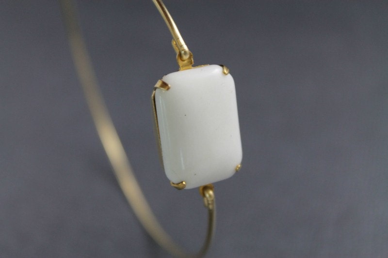 Brass Bangle Bracelet - Vintage Glass Charm Bracelet - White - Stacking Bracelet - Bangle Bracelet - 25MaidenLane
