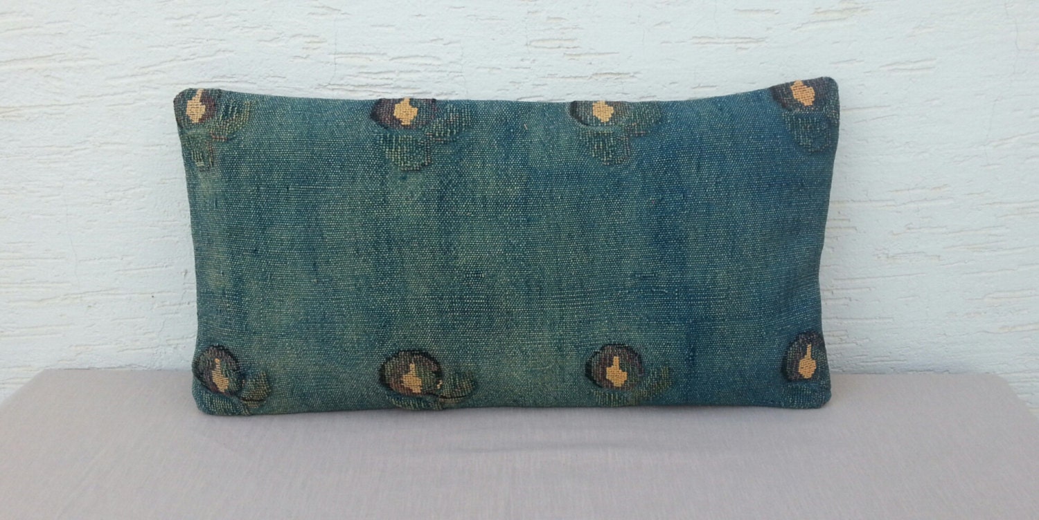 12"x24", VINTAGE Home Decor,Handwoven Embroidered Blue Turkish Kilim Pillow Cover  ,Decorative Throw Pillows,Bolster Cushions,Lumbar Pillow.
