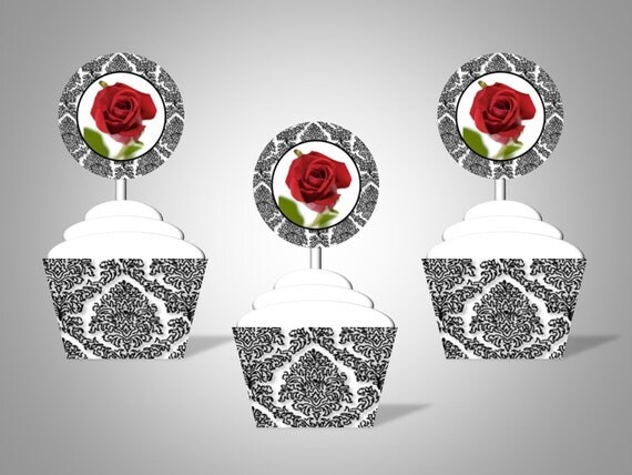 Damask Black and White Elegance with Red Rose - Cupcake Wrappers & Toppers - DIY Printable Party Decorations Il_570xn