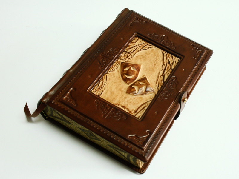 Vintage look handmade leather journal-A tribute to theatre-,  5.5x7.5inch (14x19cm) , in gift box. - dragosh