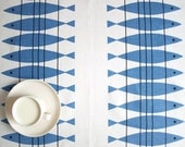 Linen tablecloth white blue abstract fishes Eco Friendly , also table runner , tea towel , curtains available ,eco GIFT - Dreamzzzzz